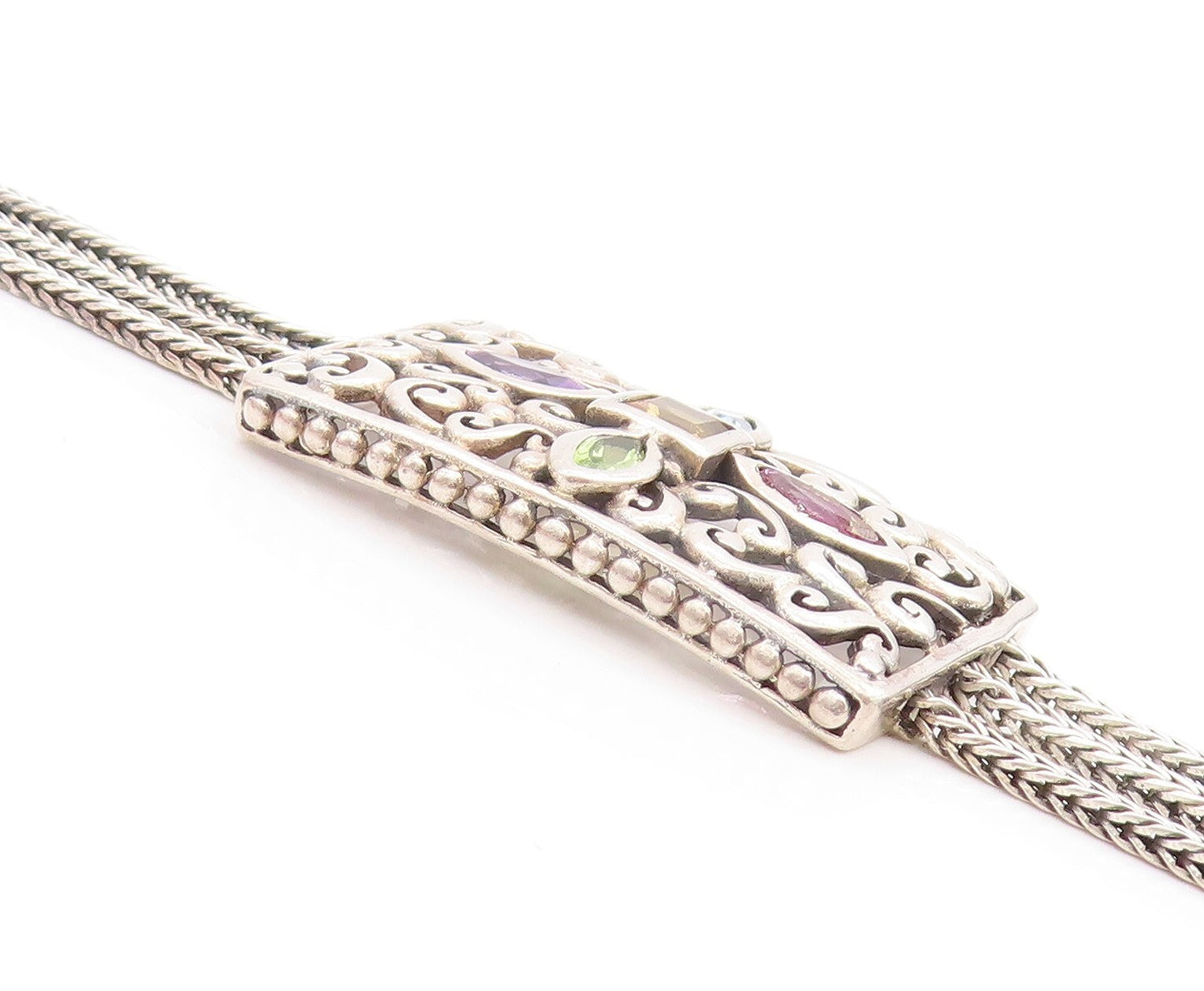 925 Sterling Silver Vintage Bracelet Swirly Citrine Peridot Amethyst CZ  BT11009