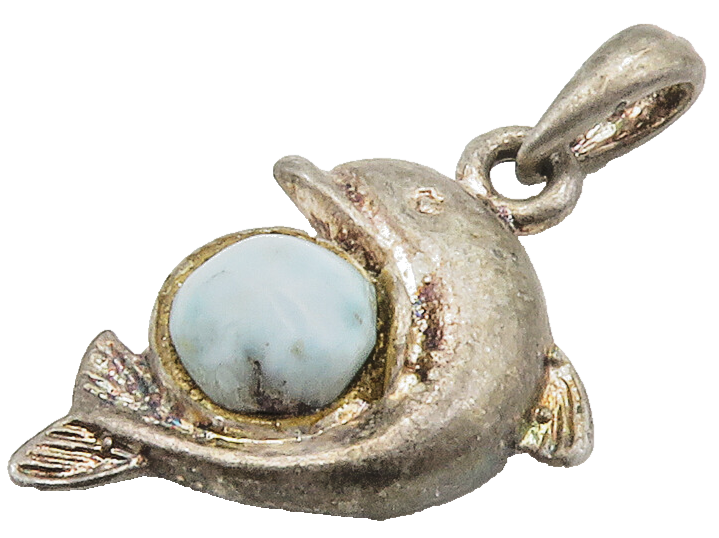 925 Sterling Silver  Vintage Cabochon Cut Leaping Dolphin Pendant  PT11733