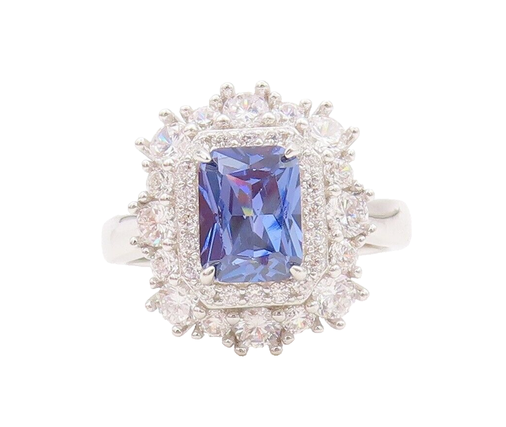 925 Sterling Silver Vintage Ring Designer Blue & White CZ Inlay  Sz 7  RG29796