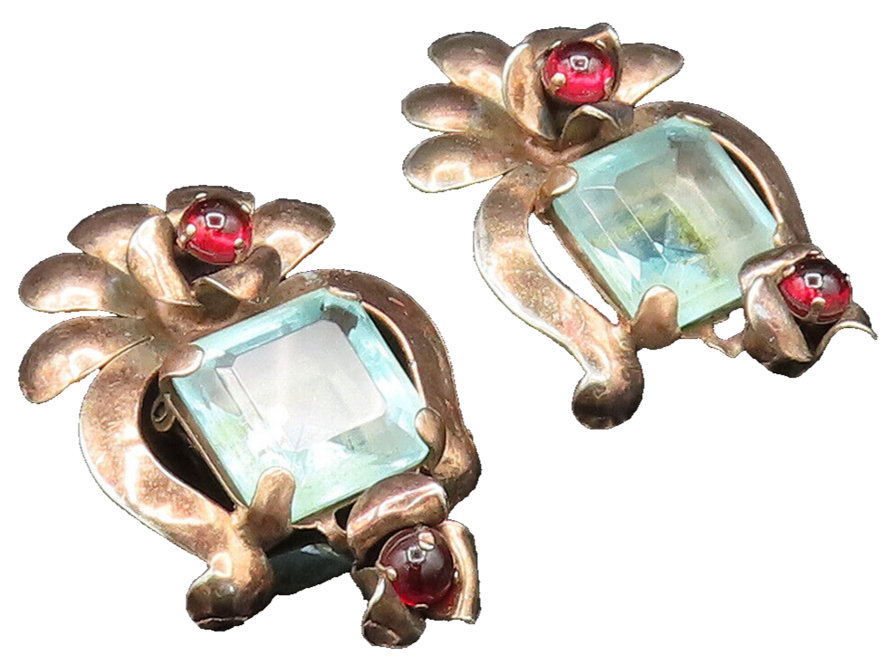 925 Sterling Silver  Vintage Garnet & Blue Topaz Non Pierced Earrings  EG11810