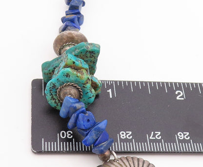 925 Sterling Silver Vintage Necklace SOUTHWESTERN Lapis Lazuli Bead Chain NE4786