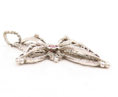 925 Sterling Silver Vintage Pendant Designer Floral Carved Garnet Cross  PT23771
