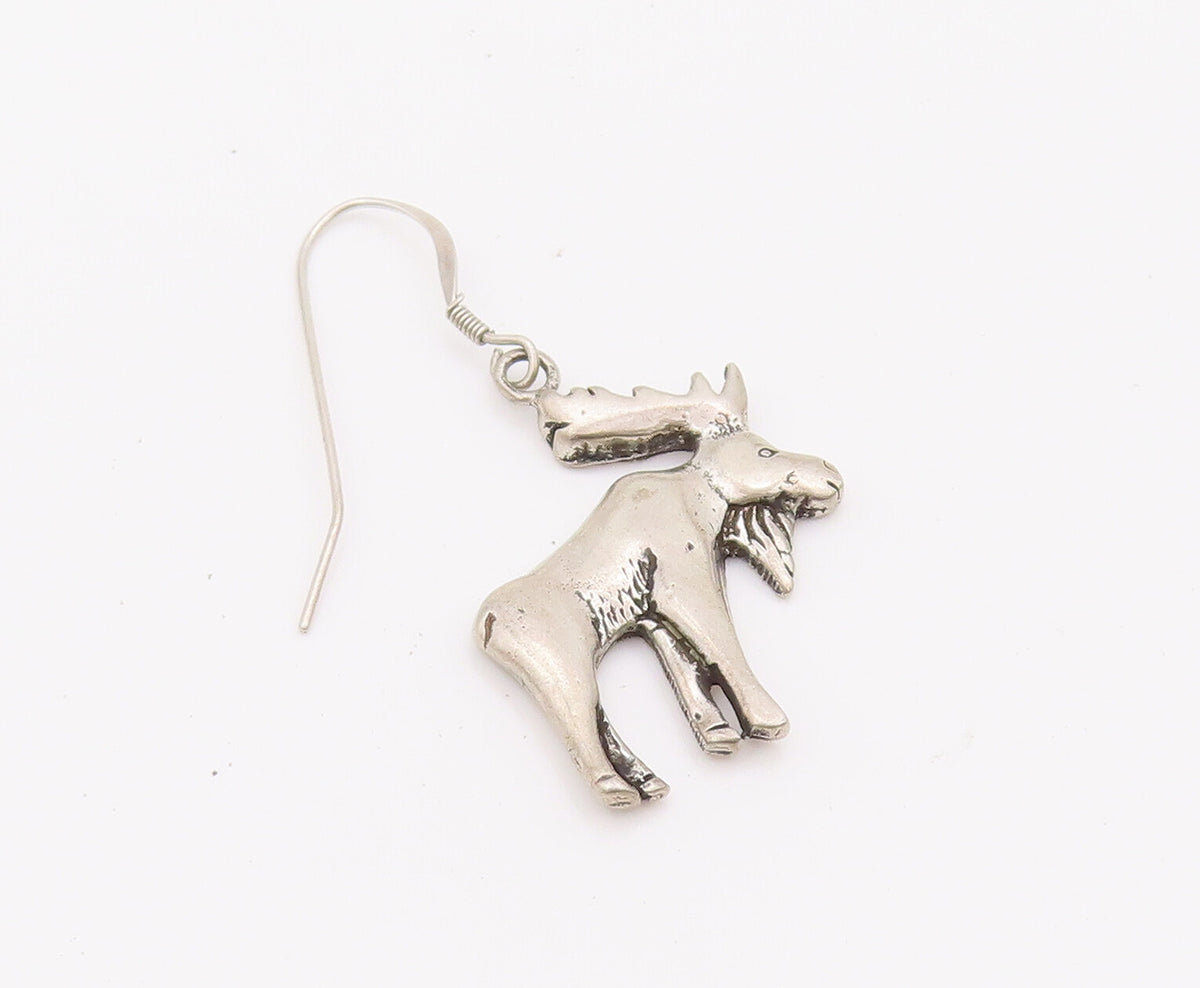925 Sterling Silver Vintage Earrings Minimalist Carved Moose Drop  EG12823
