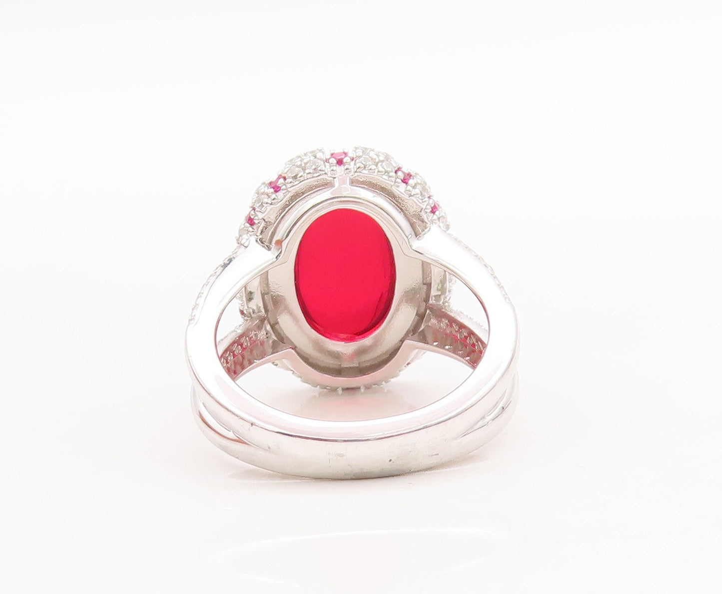 925 Sterling Silver Vintage Ring Cabochon Red Halo Pink White CZ Sz 7.5  RG29810
