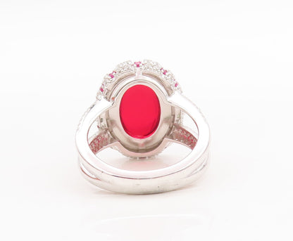 925 Sterling Silver Vintage Ring Cabochon Red Halo Pink White CZ Sz 7.5  RG29810