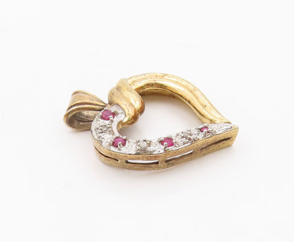 925 Sterling Silver  Vintage Genuine Diamond & Ruby Heart Pendant  PT16675