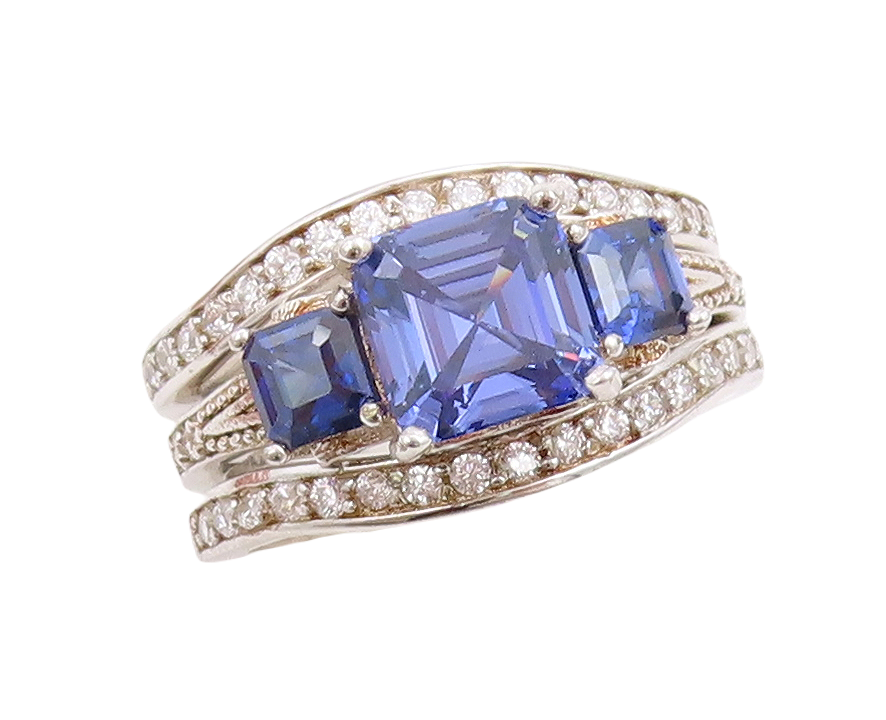 925 Sterling Silver Vintage Ring Stackable Sapphire & CZ Inlay  Sz 7  RG30988