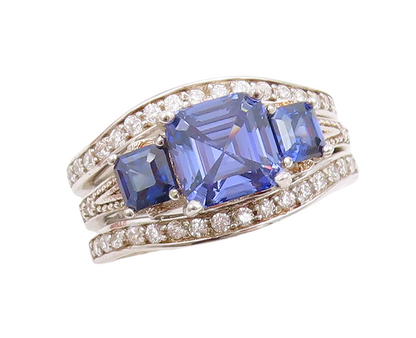 925 Sterling Silver Vintage Ring Stackable Sapphire & CZ Inlay  Sz 7  RG30988