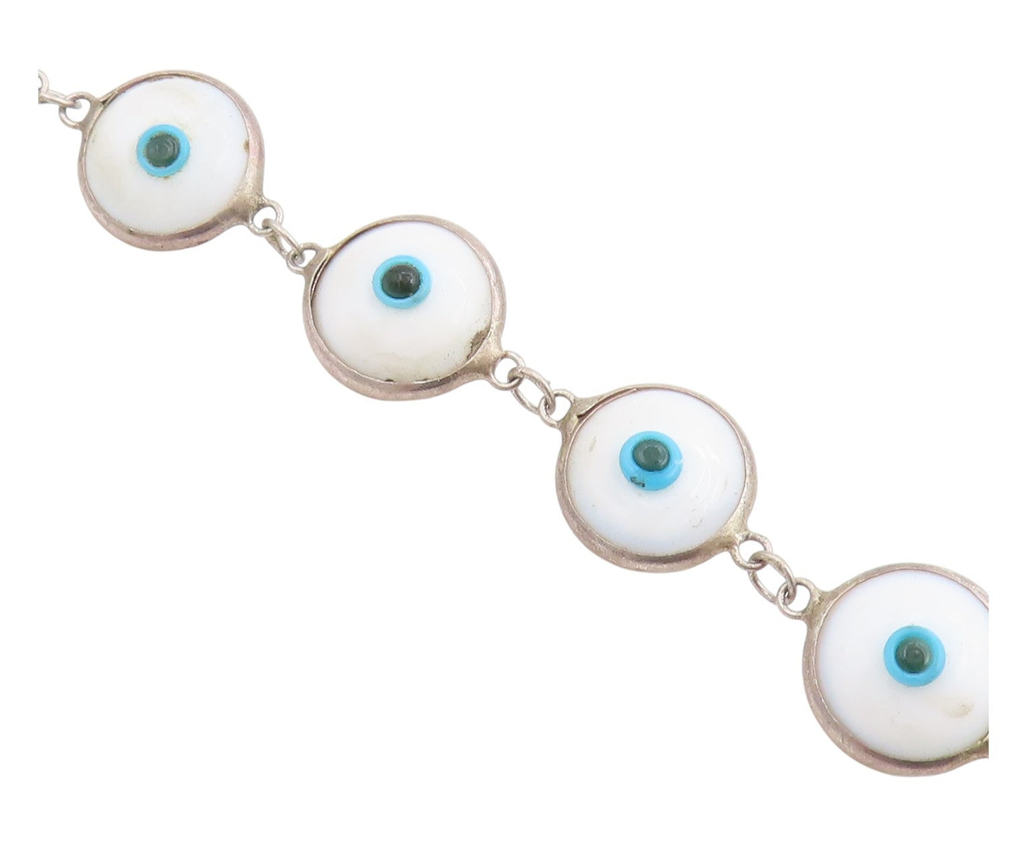 925 Sterling Silver Vintage Bracelet White Evil Eye Enamel Bead Link  BT11821