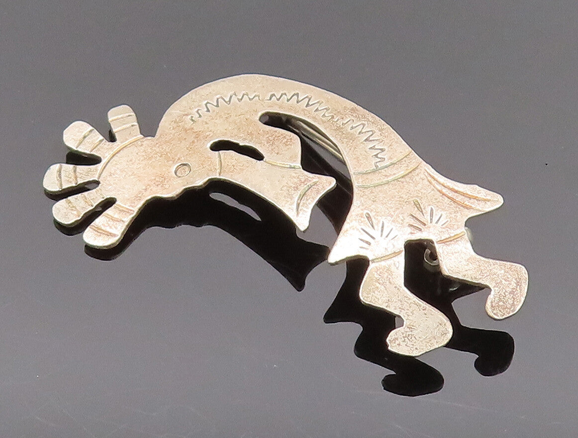 NAVAJO 925 Sterling Silver Vintage Etched Kokopelli Dancer Brooch Pin BP10143
