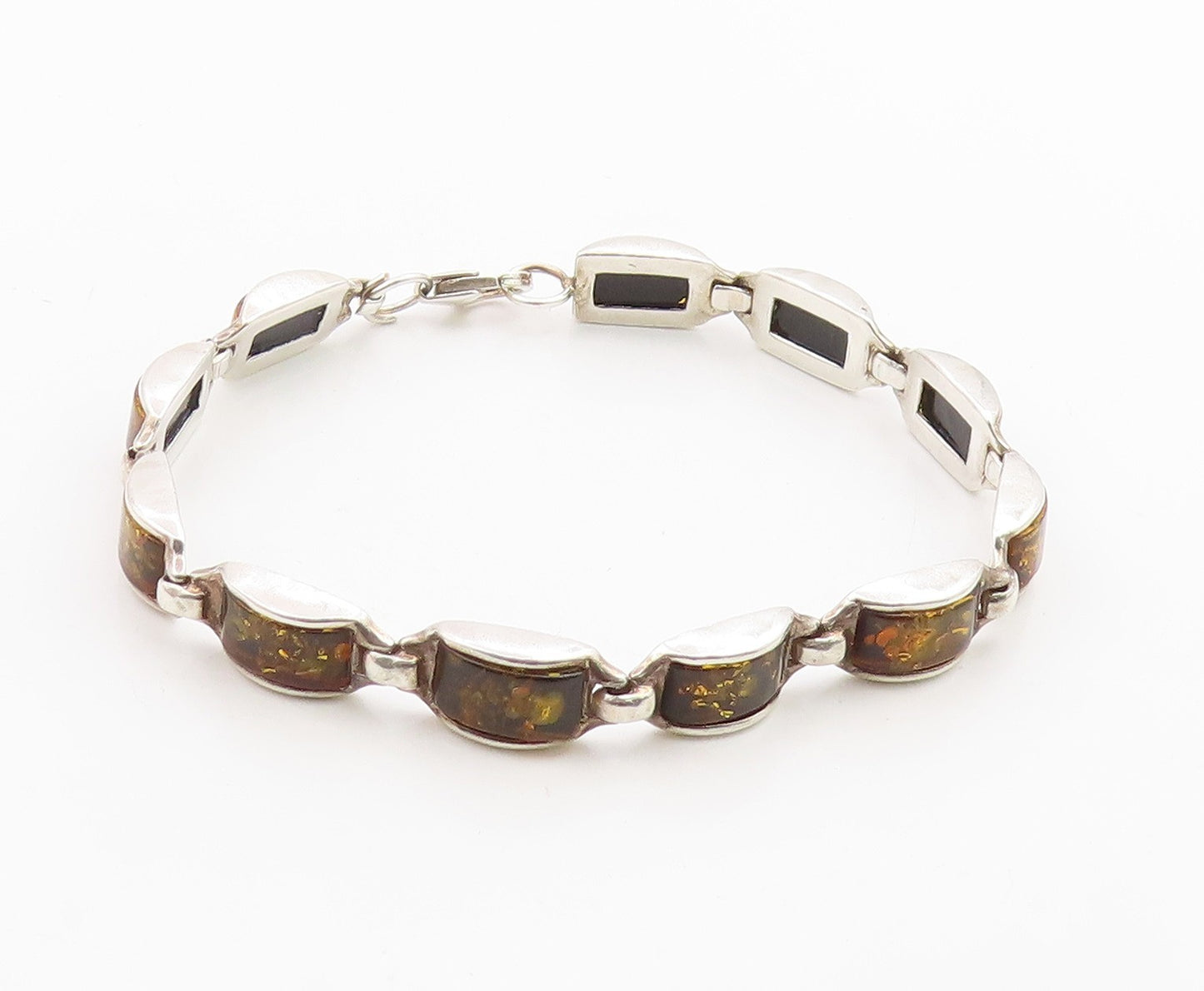 925 Sterling Silver Vintage Bracelet Chunky Baltic Amber Geometric Link  BT12084