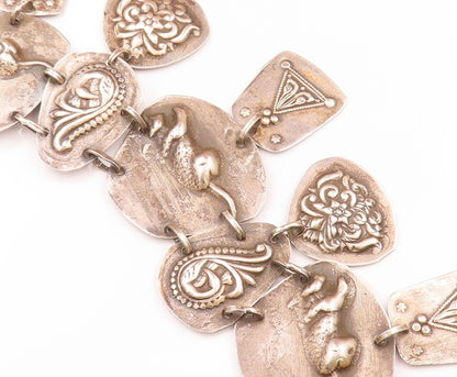 Solid Silver Vintage Necklace Swirly Floral & Animal Carved Linked NE4278