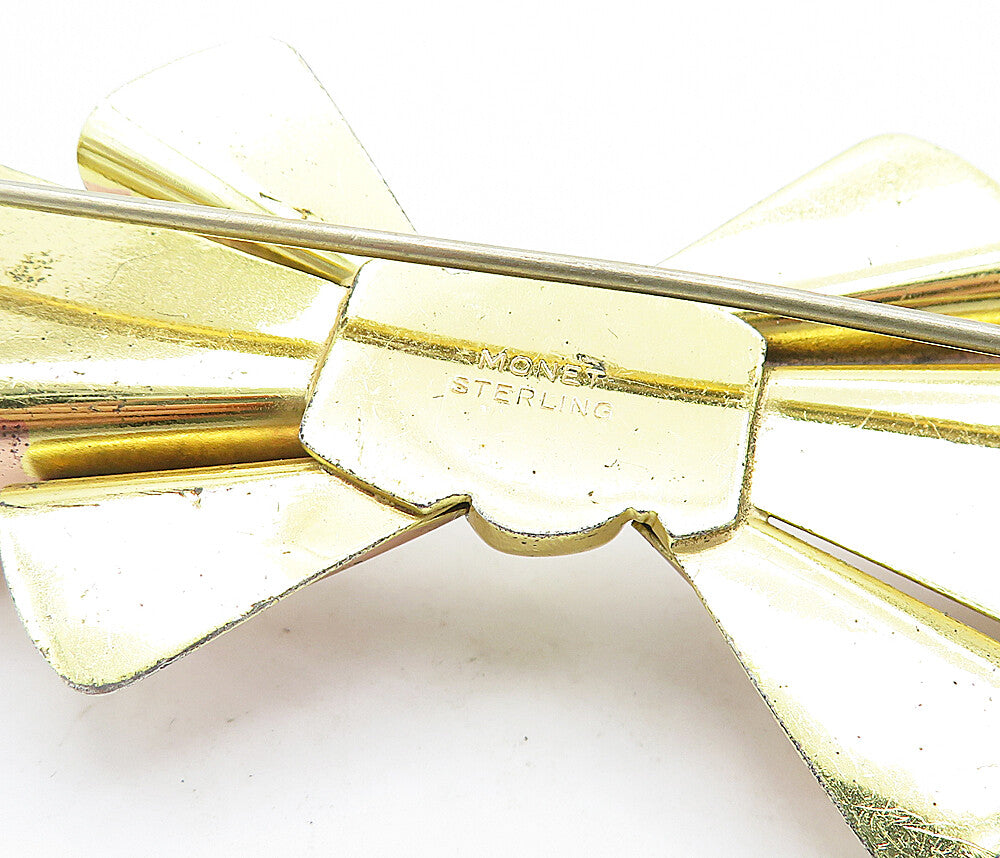 MONET 925 Sterling Silver  Vintage Shiny Two Tone Bow Tie Brooch Pin  BP2760