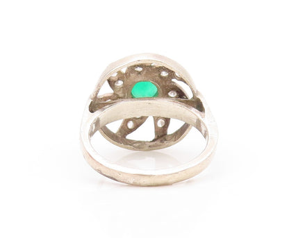925 Sterling Silver Vintage Ring Cutout Jade & Topaz Flower  SZ 9  RG32087