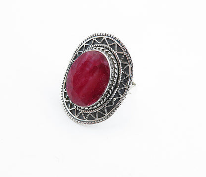 925 Sterling Silver  Ruby Shiny Wavy Border Oval Cocktail Ring Sz 8.5  RG8138