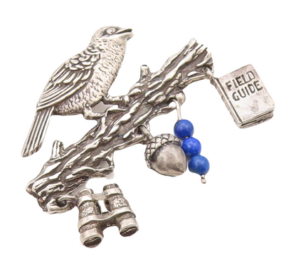 925 Sterling Silver Vintage Brooch Pin Bird On Branch Dangling Charms  BP11267
