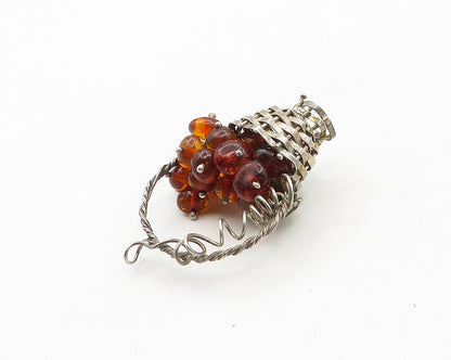 925 Sterling Silver  Vintage Amber Bead Cluster Basket Motif Pendant  PT15270
