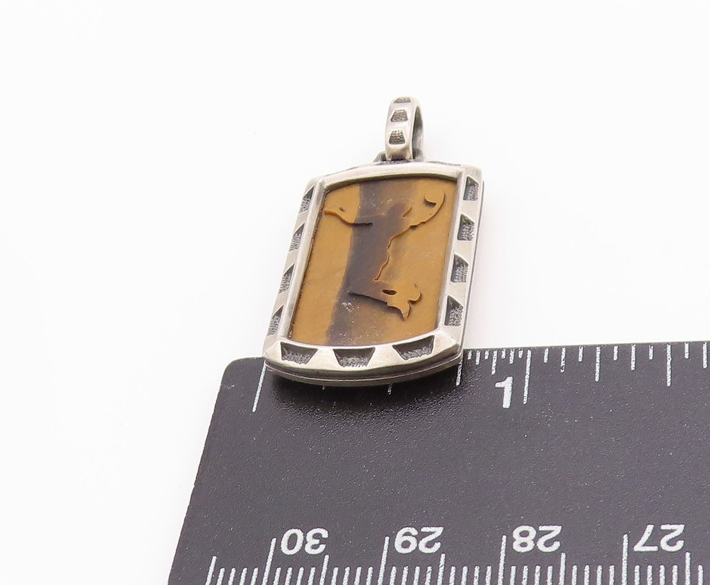 925 Sterling Silver Vintage Pendant Carved Tiger's Eye Volleyball Game  PT24939