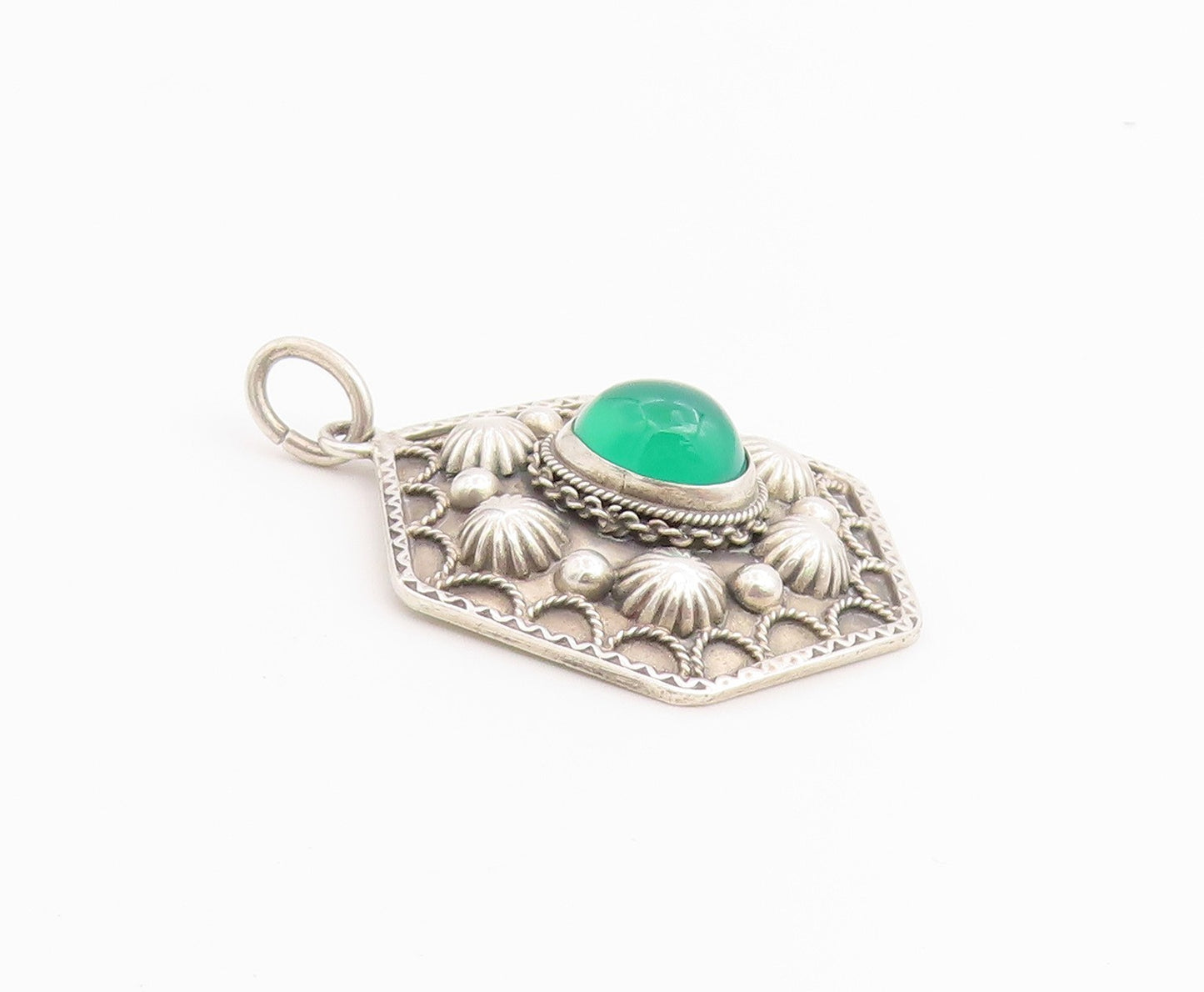 925 Sterling Silver Vintage Pendant Chalcedony Geometric Hexagon Charm  PT26532