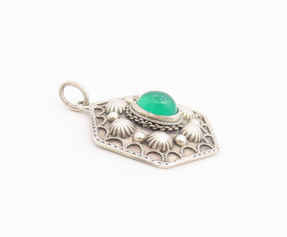 925 Sterling Silver Vintage Pendant Chalcedony Geometric Hexagon Charm  PT26532