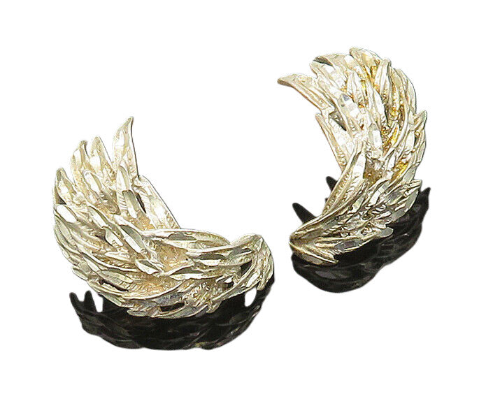 925 Sterling Silver  Vintage Shiny Diamond Cut Wing Motif Drop Earrings EG9890
