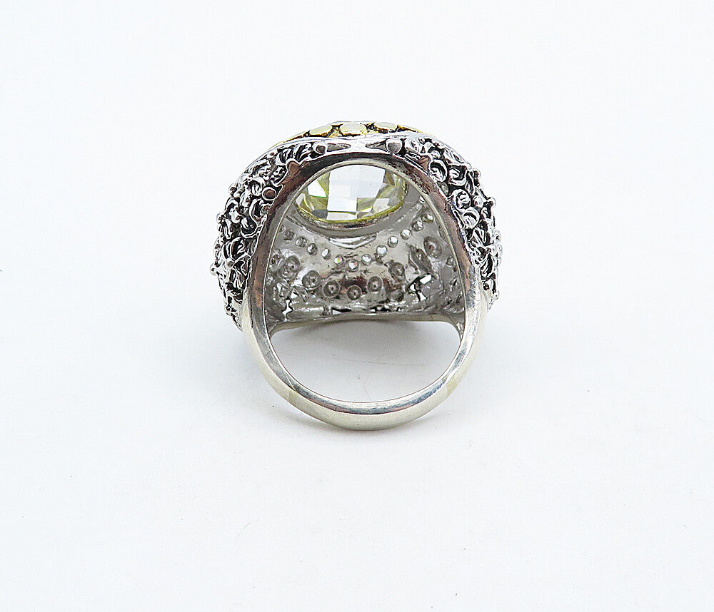 925 Sterling Silver  Cubic Zirconia 2 Tone Floral Cocktail Ring Sz 9.5  RG4947