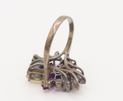 925 Silver  Vintage Amethyst Garnet & Gemstones Flower Ring Sz 7.25  RG26199
