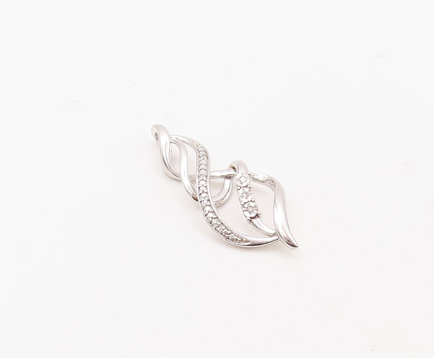 925 Sterling Silver Vintage Pendant Designer Diamonds Inlay Swirly Cut  PT23601