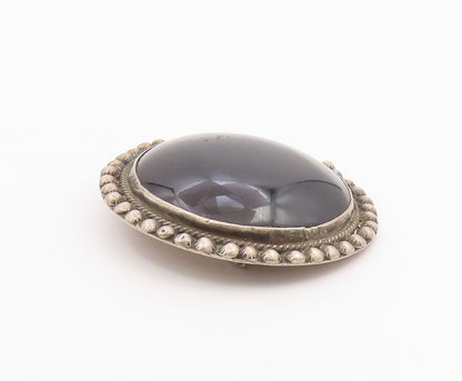 925 Sterling Silver  Vintage Cabochon Cut Black Onyx Round Brooch Pin  BP5121