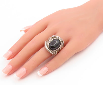 925 Sterling Silver Vintage Ring ISRAEL Oval Onyx Brutalist Band  Sz 10  RG34115