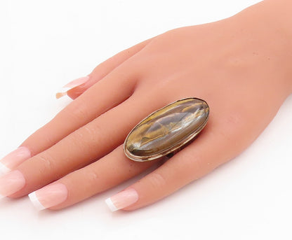925 Sterling Silver Vintage Ring Modernist Large Oval Tiger's Eye Sz 9.5 RG31738