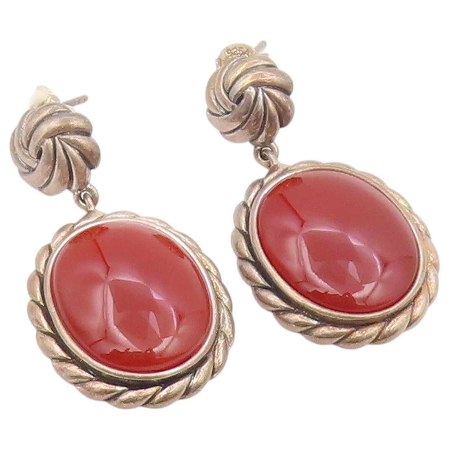 925 Sterling Silver Vintage Earrings Cabochon Carnelian Rope Edge Dangle EG14456