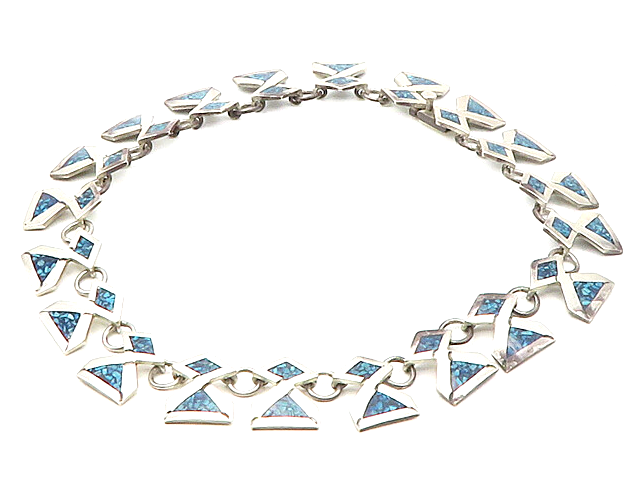 LVR TAXCO MEXICO 925 Sterling Silver Vintage Inlaid Stone Chain Necklace  NE2763