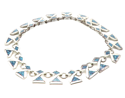 LVR TAXCO MEXICO 925 Sterling Silver Vintage Inlaid Stone Chain Necklace  NE2763