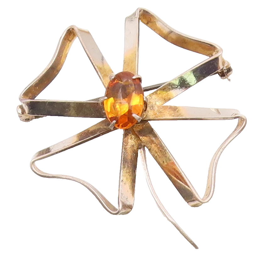 925 Sterling Silver  Vintage Citrine Ribbon Flower Shiny Brooch Pin  BP4975