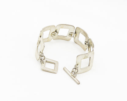 925 Sterling Silver  Vintage Shiny Smooth Open Square Chain Bracelet  BT7158