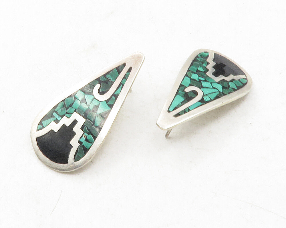 MEXICO 925 Sterling Silver  Vintage Malachite Mosaic Dangle Earrings  EG6370