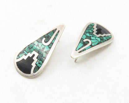 MEXICO 925 Sterling Silver  Vintage Malachite Mosaic Dangle Earrings  EG6370