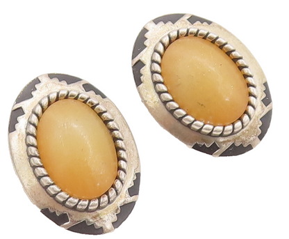 925 Sterling Silver Vintage Earrings Cabochon Yellow Agate EG12890