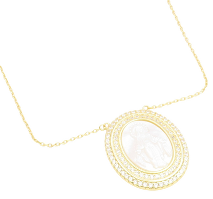 925 Sterling Silver Vintage Necklace Gold Plated Mother Of Pearl Mary  NE4896