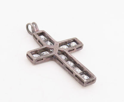 925 Sterling Silver Vintage Pendant CZ Geometric Square Religious Cross  PT25868