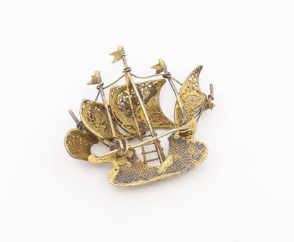 925 Sterling Silver  Vintage Antique Filigree Sailing Ship Brooch Pin  BP7896