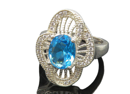 925 Sterling Silver  Blue Topaz Floral Filigree Cocktail Ring Sz 6  RG10866