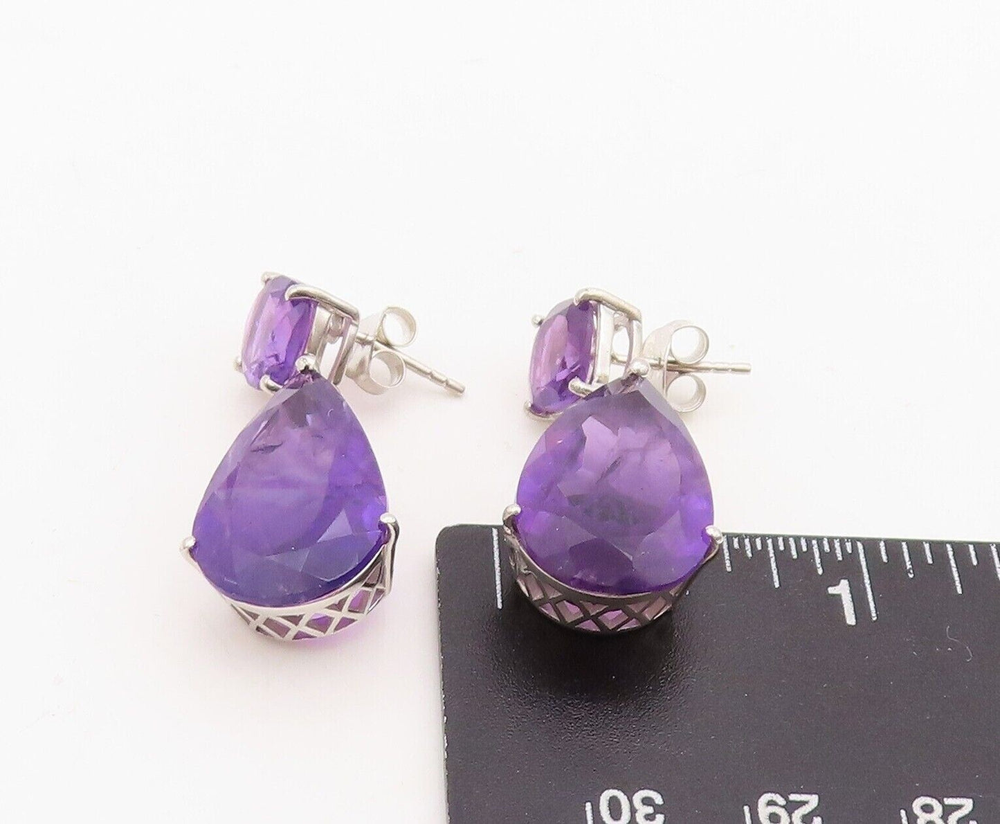 925 Sterling Silver Vintage Earrings Square & Drop Cut Dangling Amethyst EG13156