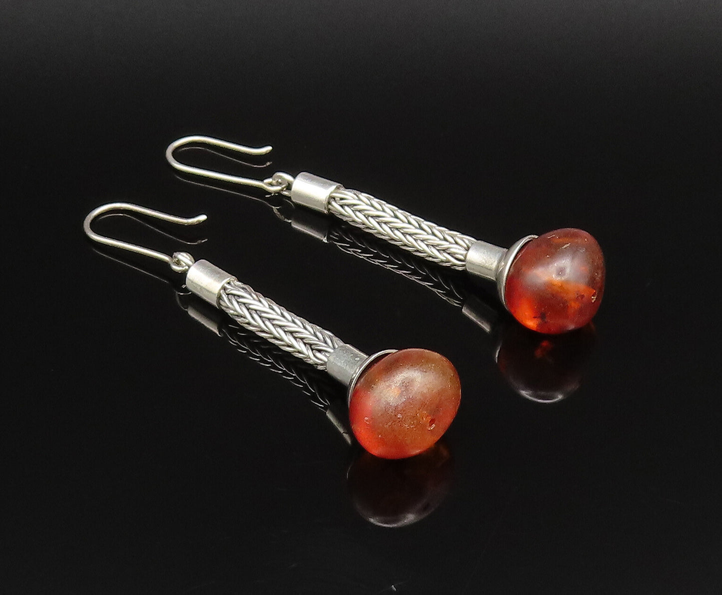 925 Sterling Silver  Vintage Foxtail Chain Baltic Amber Earrings  EG12129