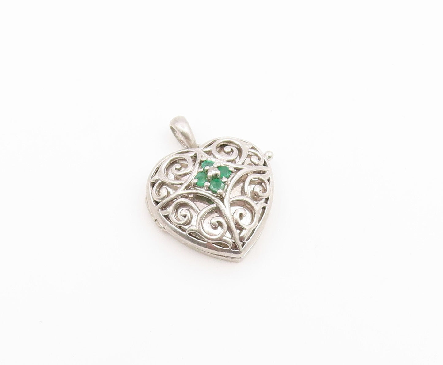 925 Sterling Silver Vintage Pendant Emerald Openwork Love Heart OPENS  PT26647