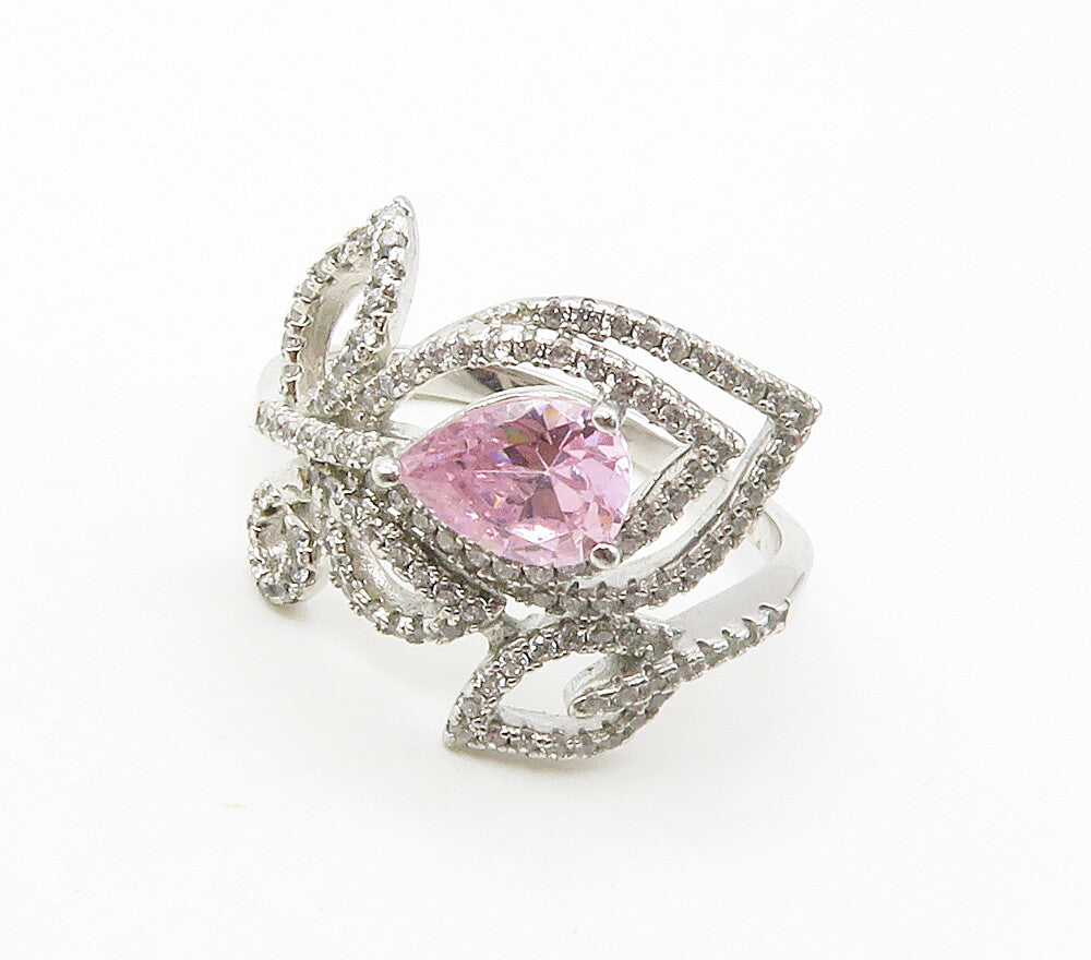 925  Silver  Pink & White Cubic Zirconia Floral Bypass Ring Sz 10  RG16739