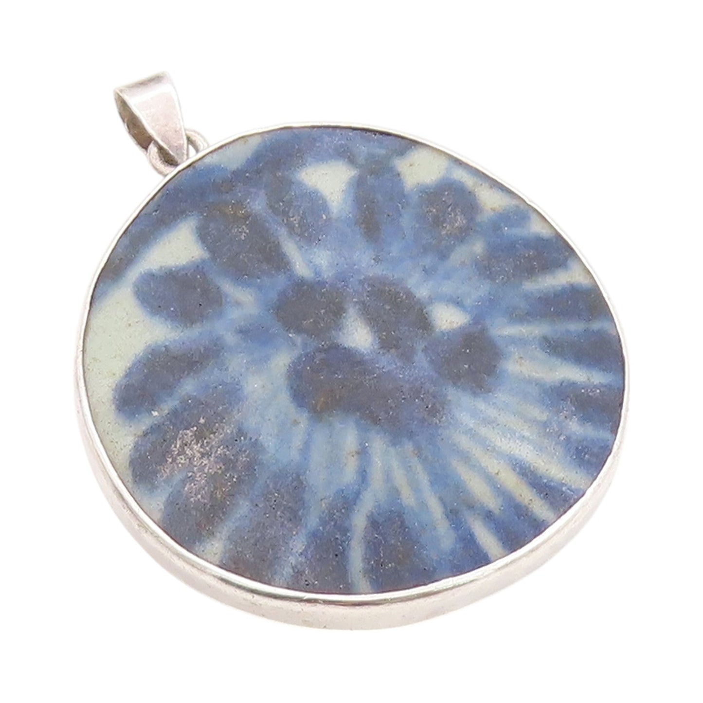 925 Sterling Silver Vintage Pendant Large Round Blue Chinese Ceramic  PT24566