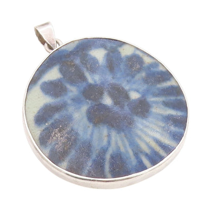 925 Sterling Silver Vintage Pendant Large Round Blue Chinese Ceramic  PT24566