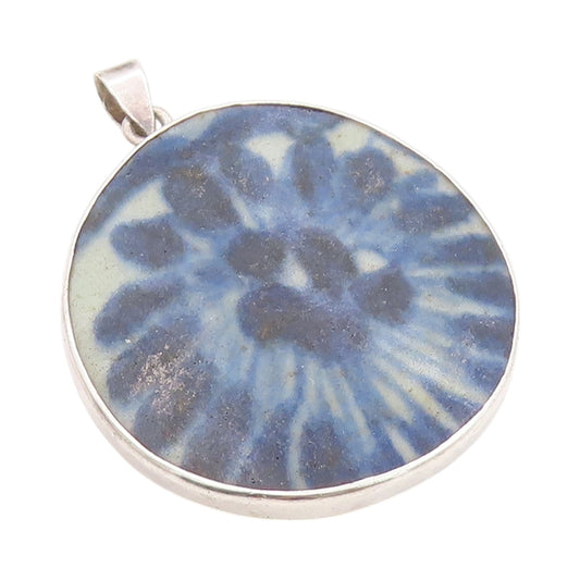 925 Sterling Silver Vintage Pendant Large Round Blue Chinese Ceramic  PT24566